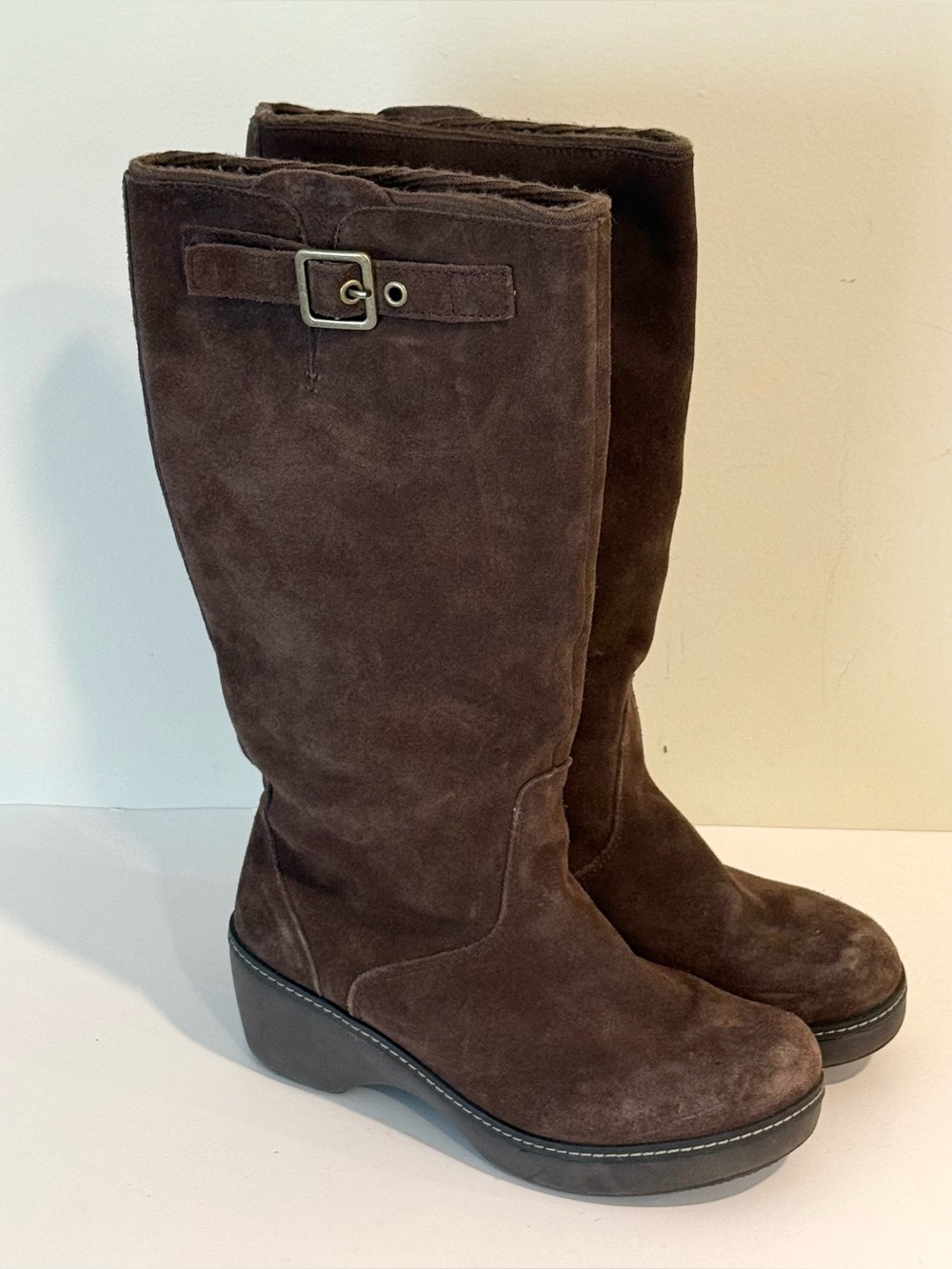 Crocs Brown Suede Leather Boots Heels Women’s Size 10 Buckle Clog Tall